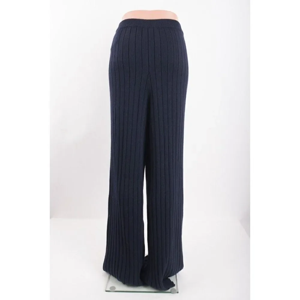 St. John Womens Knit Wide Leg Ribbed Pants L Navy Blue 100% Wool K814023 NWT - Picture 4 of 10